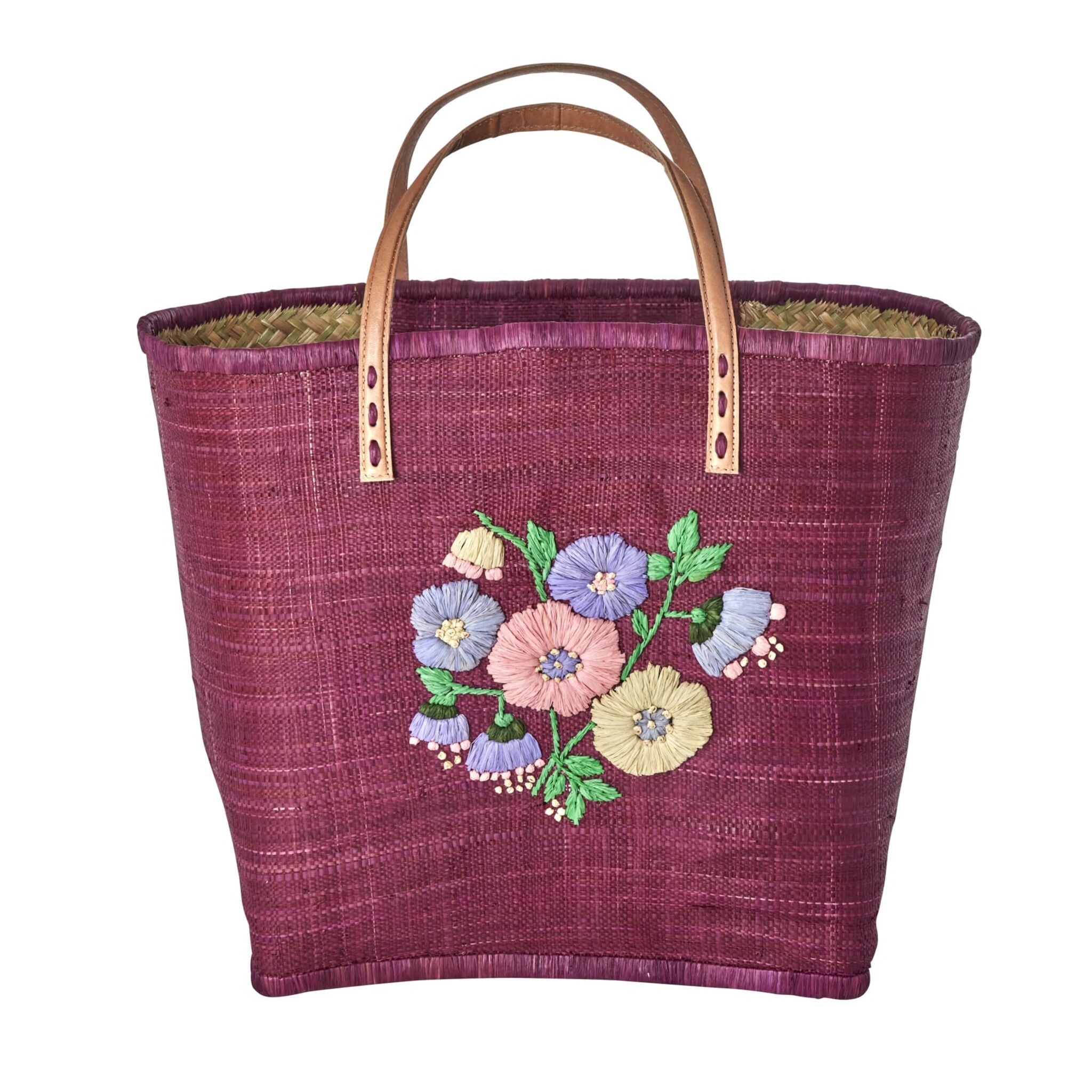 Raffia Tasche Blumenmuster mit Lederriemen, bordeaux L:33 cm, B:36 cm, H:24 cm