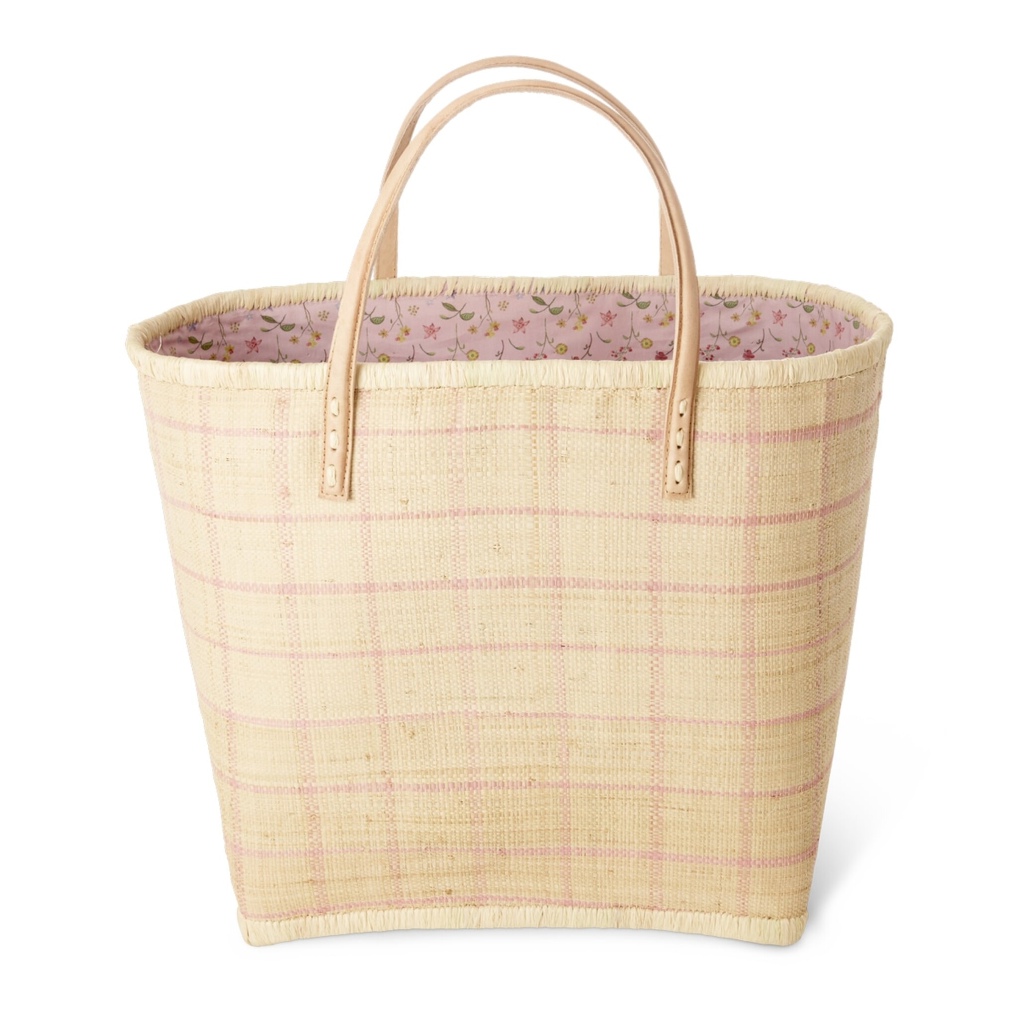 Raffia Tasche Kariert mit Ledergriffen, rosa 
