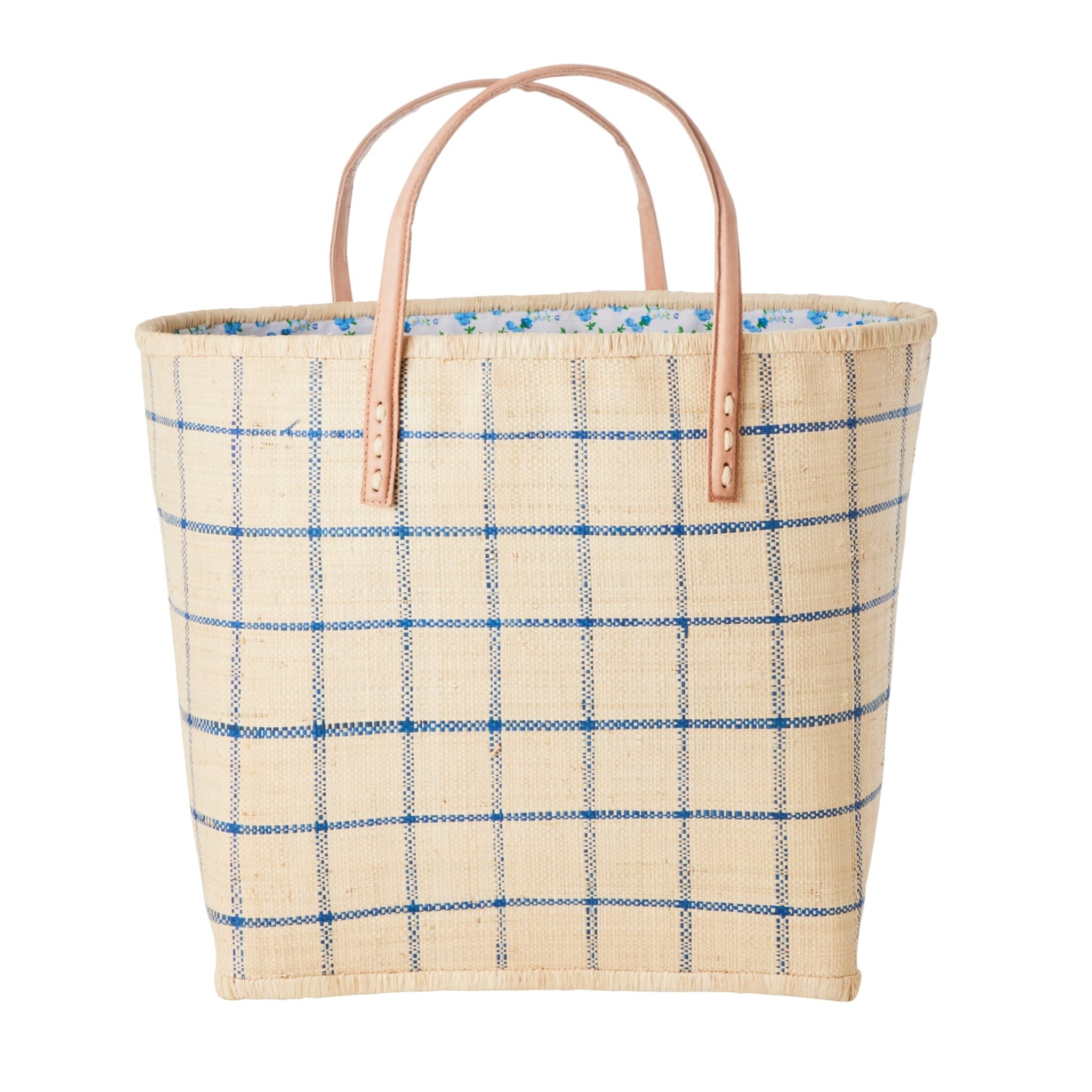 Raffia Tasche Kariert mit Ledergriffen, blau 