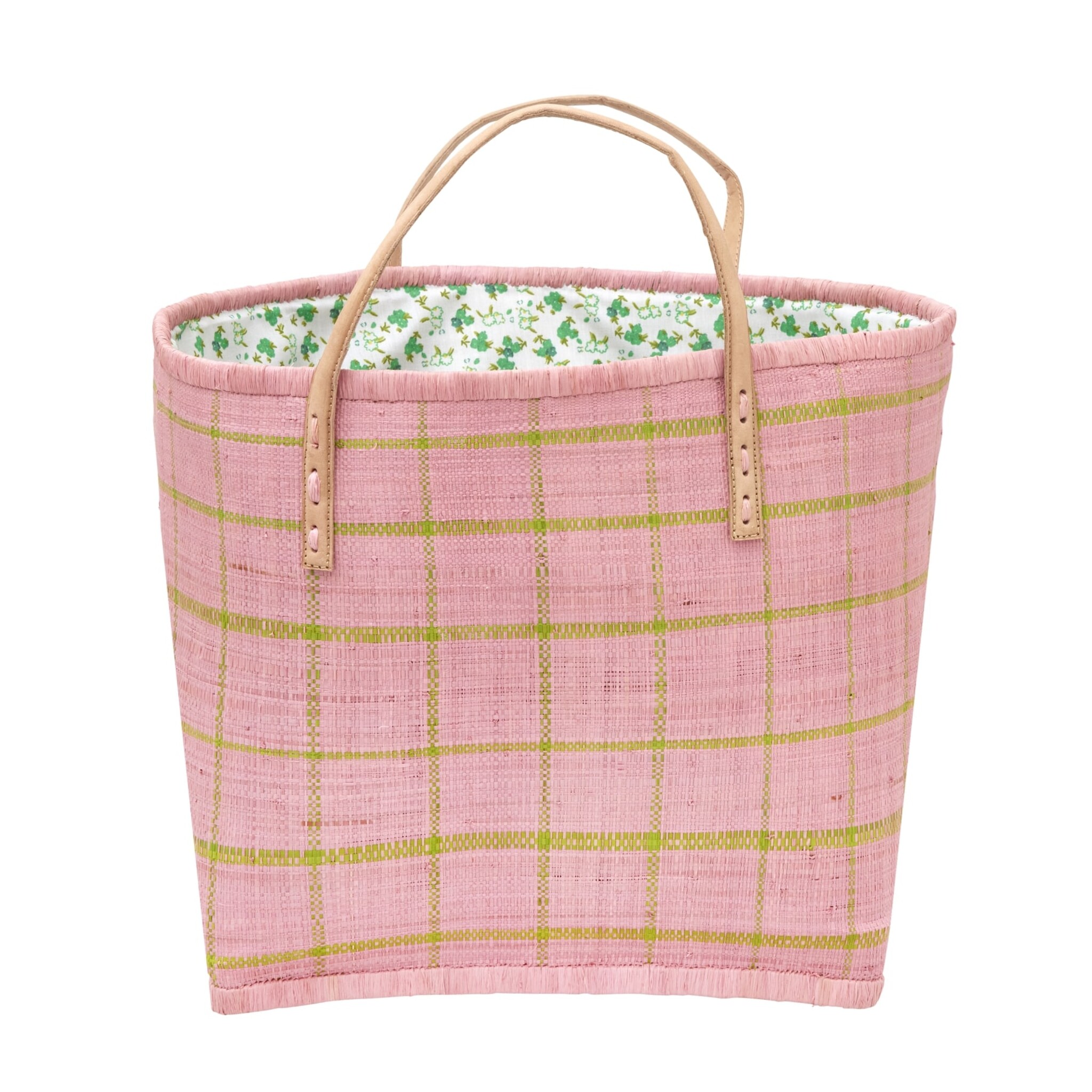Raffia Tasche Kariert mit Ledergriffen, pink 