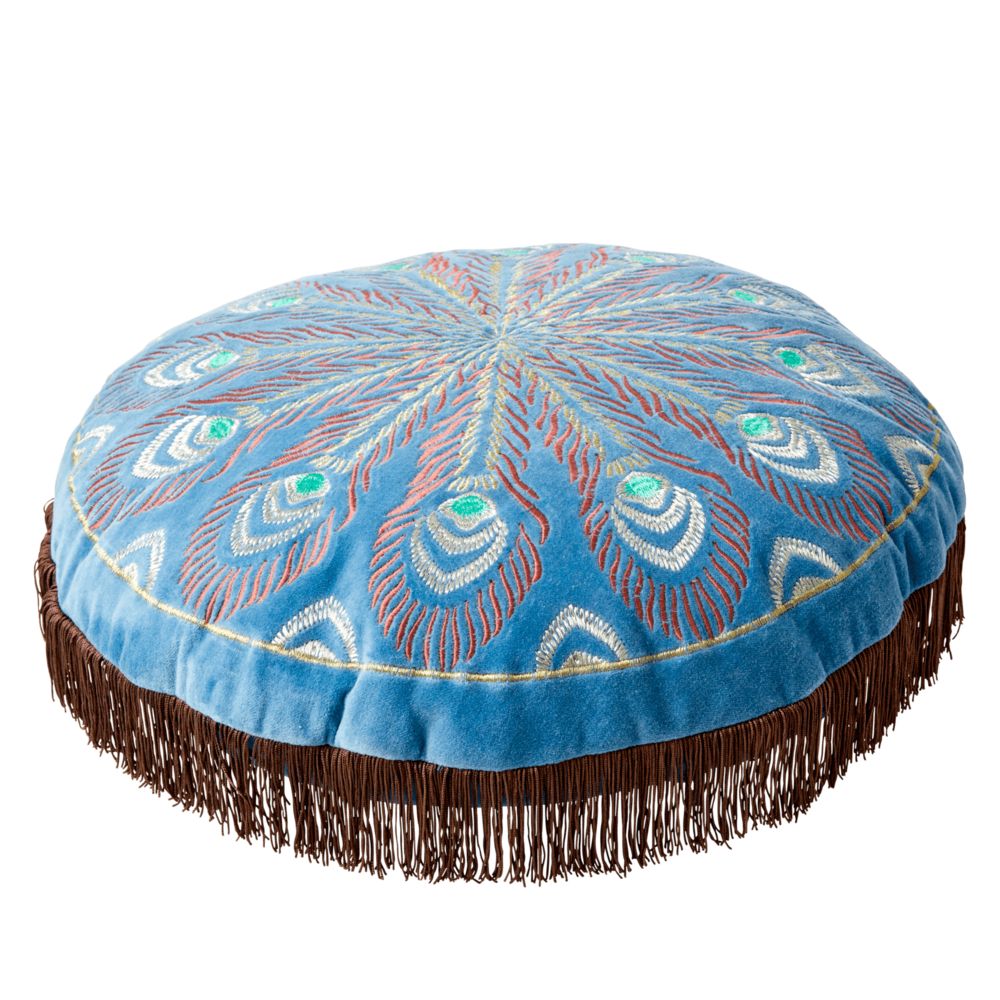 Samtkissen mit Pfauenfeder Muster rund, blau 