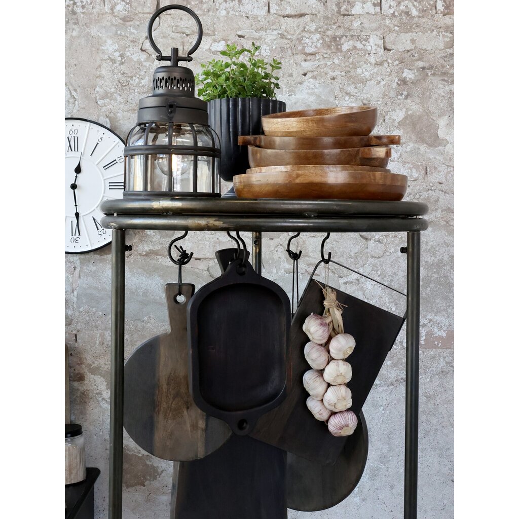 Display auf Rädern mit 3 Regalen und 3 Holzkisten