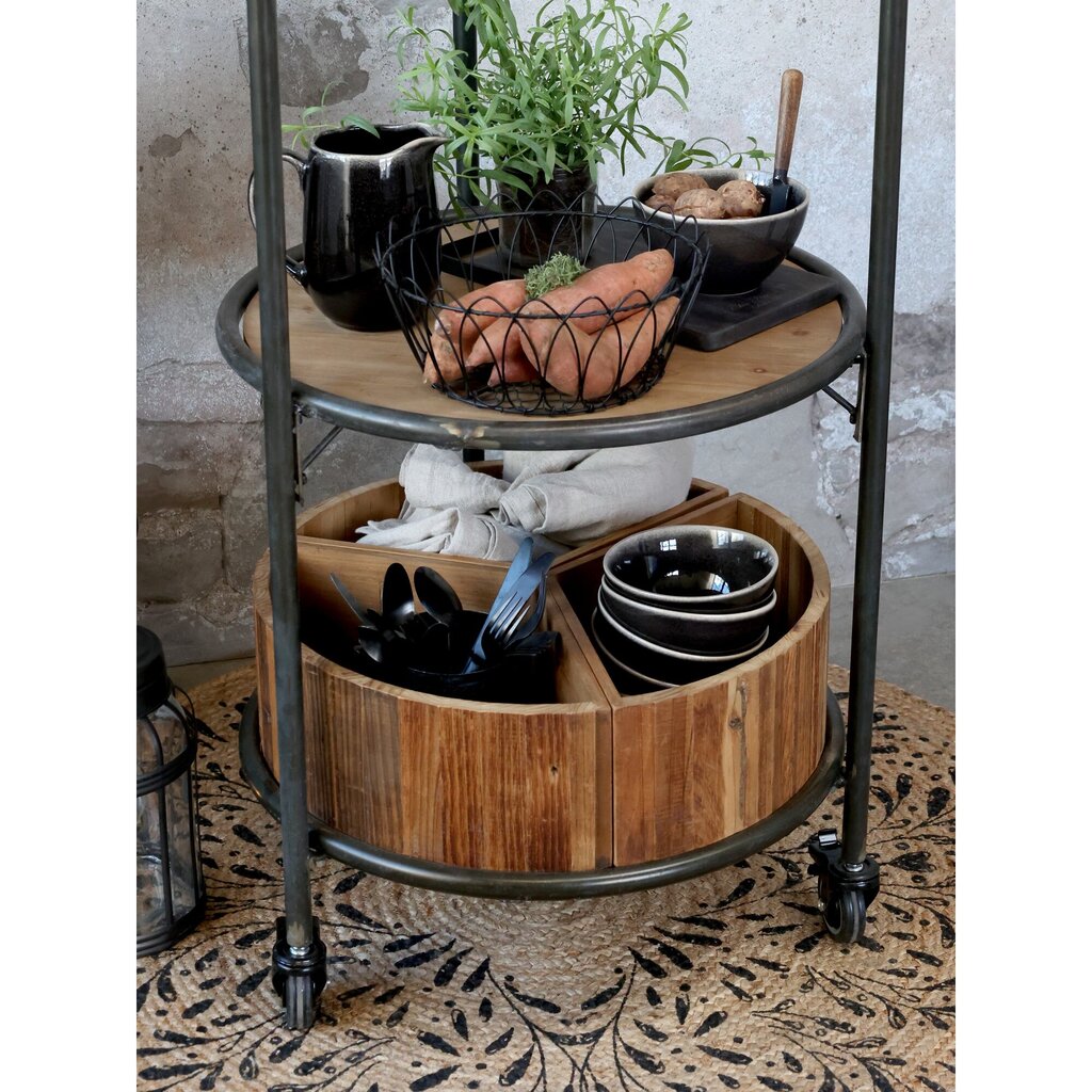 Display auf Rädern mit 3 Regalen und 3 Holzkisten