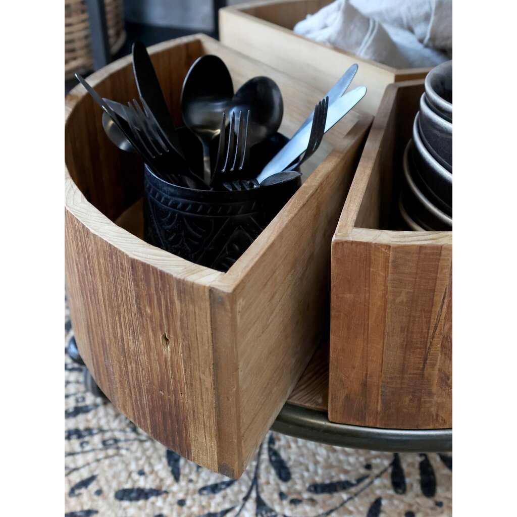 Display auf Rädern mit 3 Regalen und 3 Holzkisten