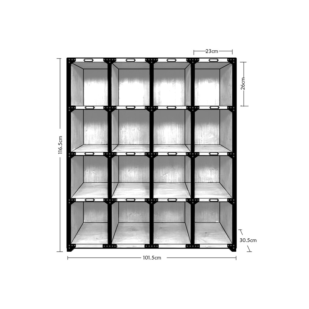 Fächerregal aus Kiefernholz und Metall