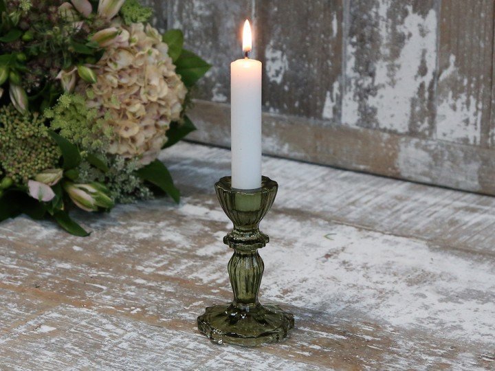 Chic Antique Glas Kerzenständer mit Spitzenkante olive von