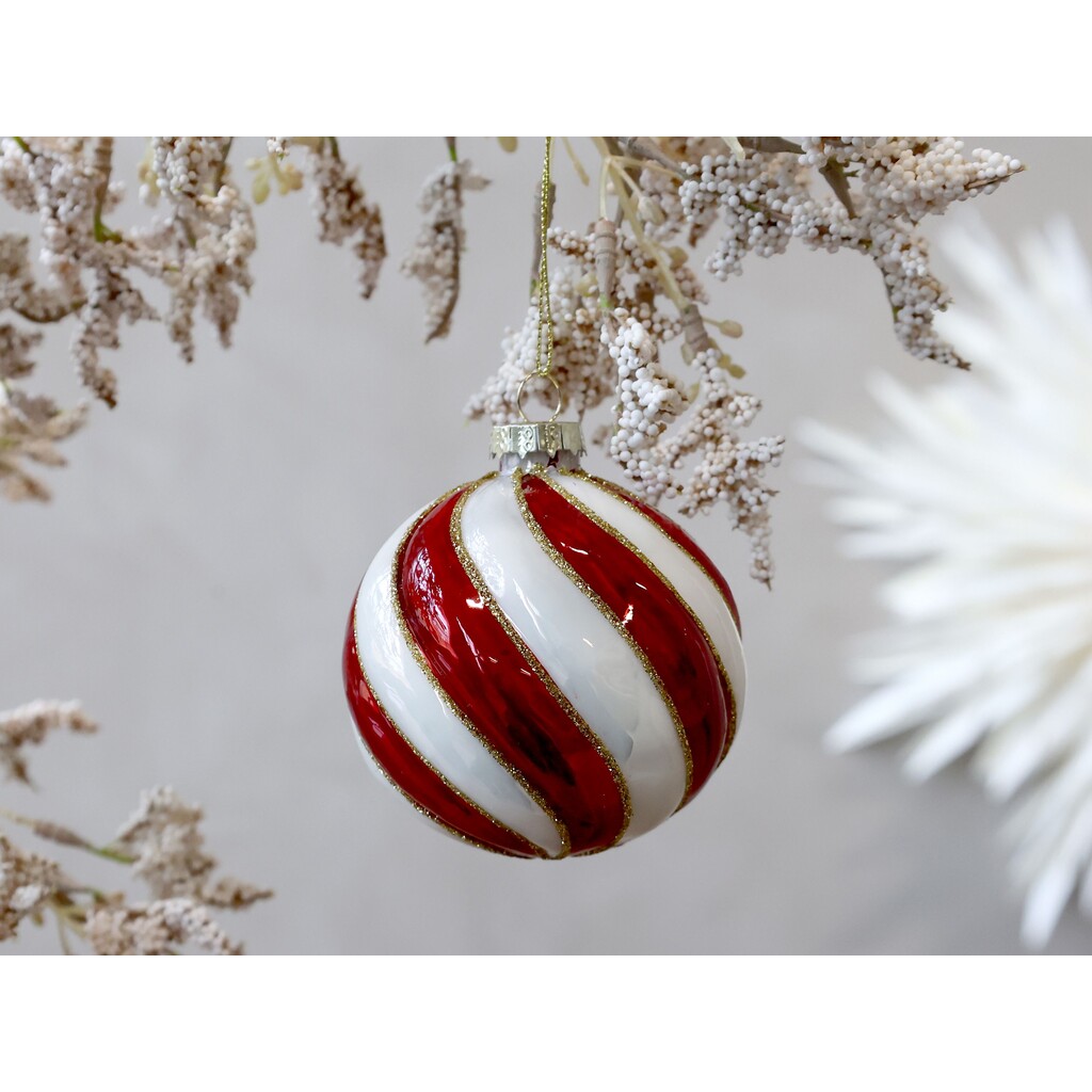 Rot Gestreifte Weihnachtskugel aus Glas