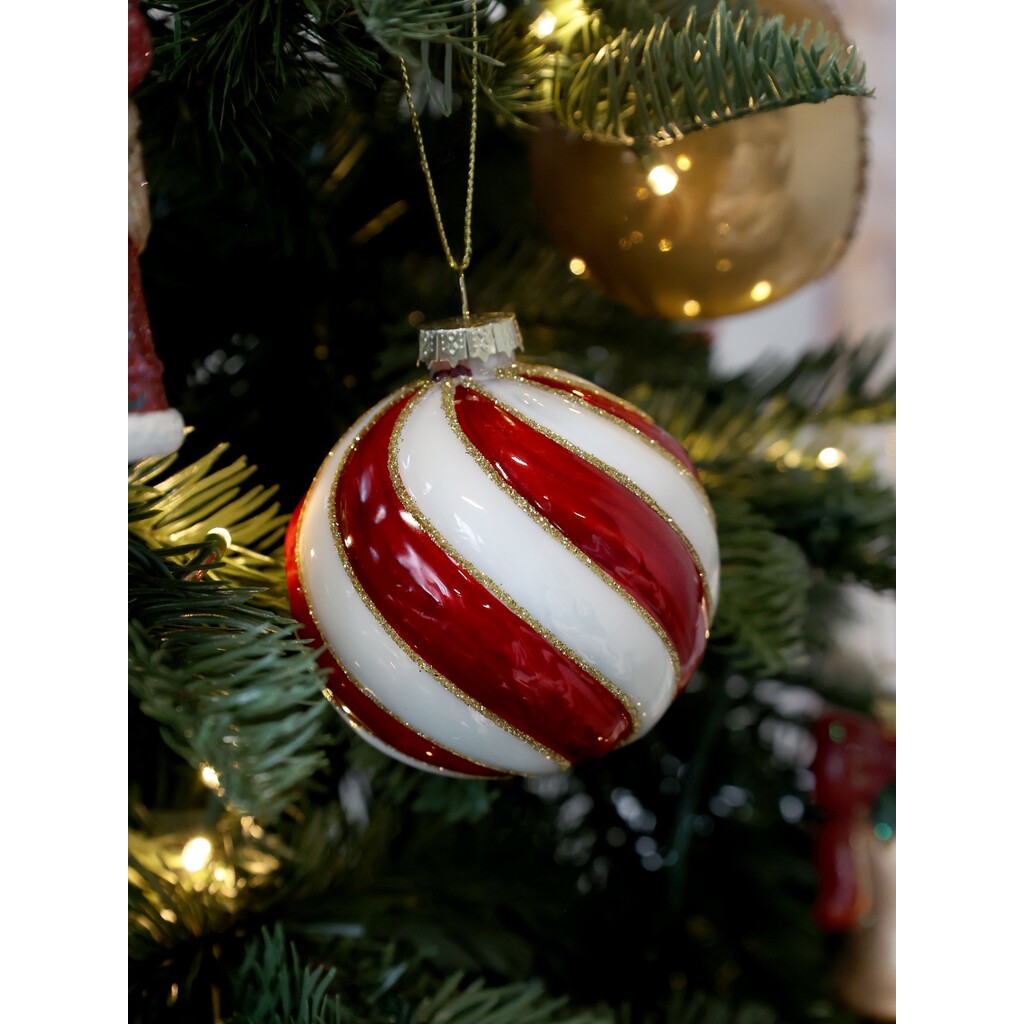 Rot Gestreifte Weihnachtskugel aus Glas