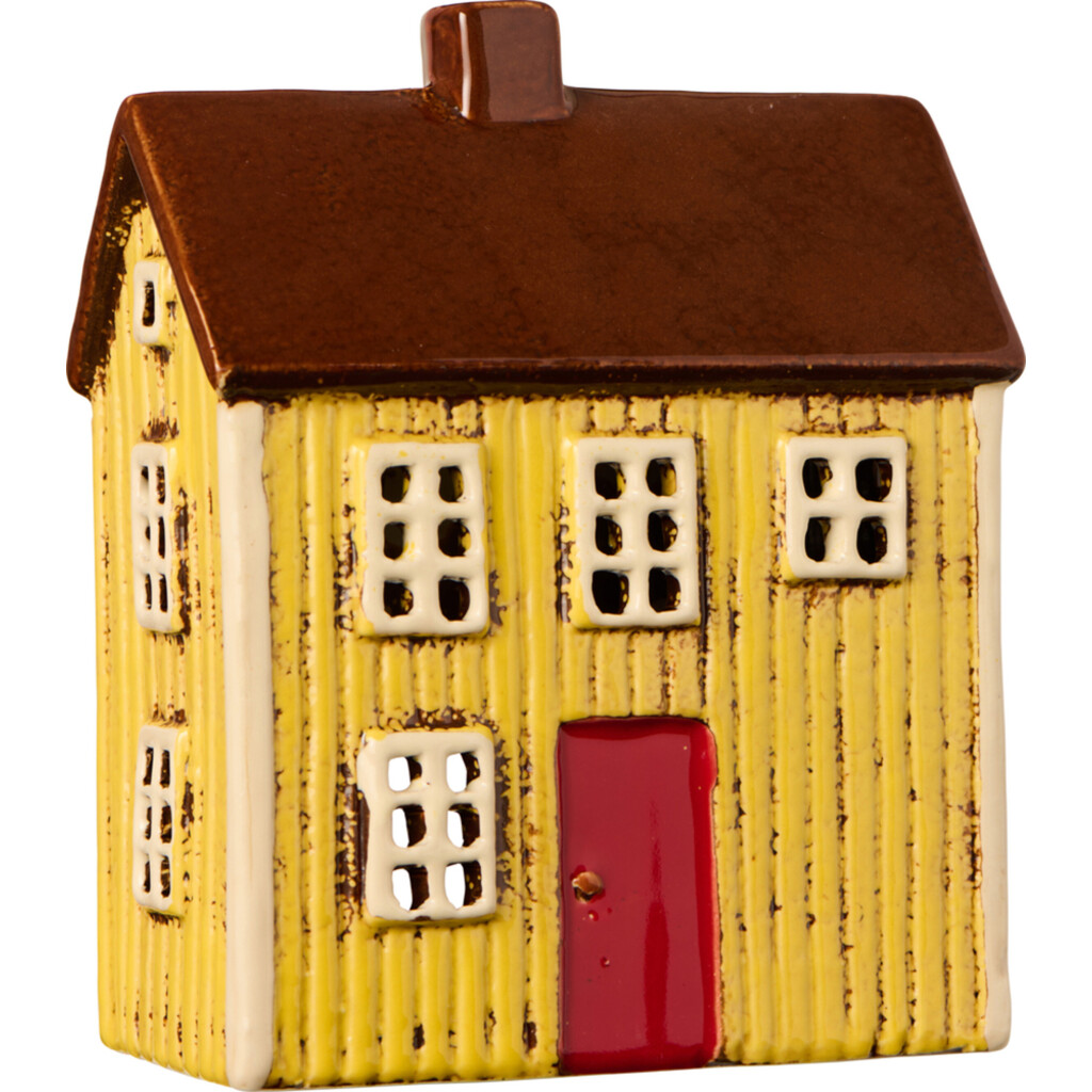 Teelichthaus Visby gelb mit roter Tür
