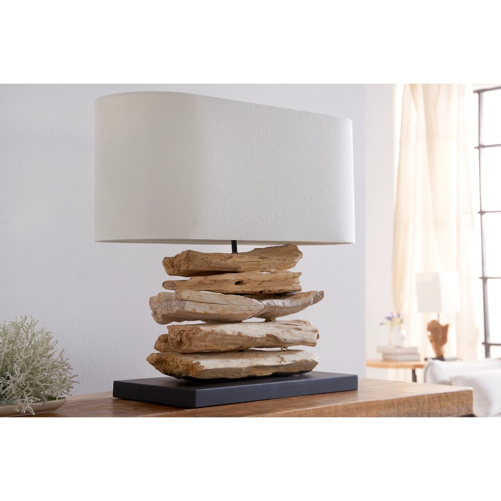 Tischlampe Riverine Treibholz und Leinenschirm