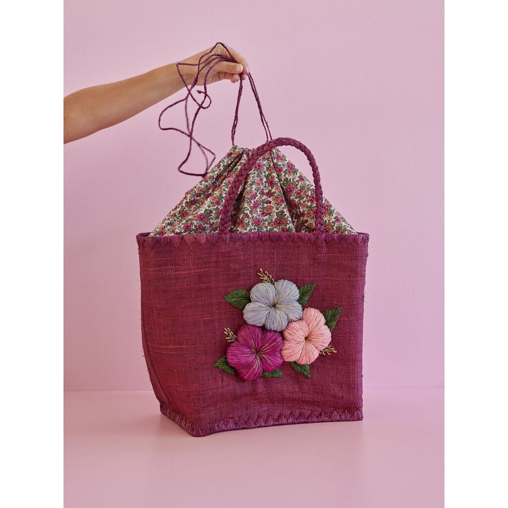 Große Raffia Tasche mit Blumenstickerei