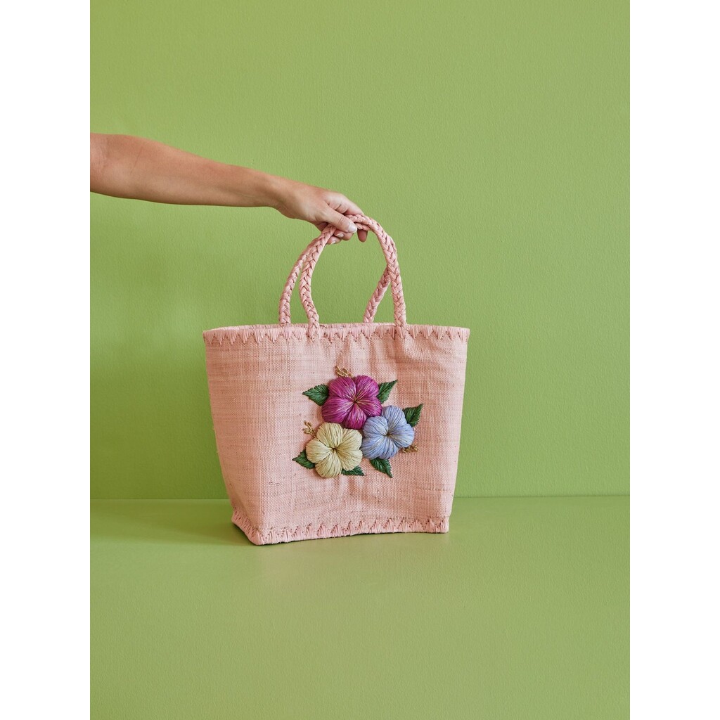 Große Raffia Tasche mit Blumenstickerei