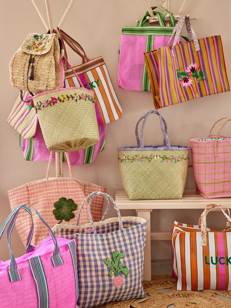 RICE Raffia Shopping Tasche Karriert Preview Image