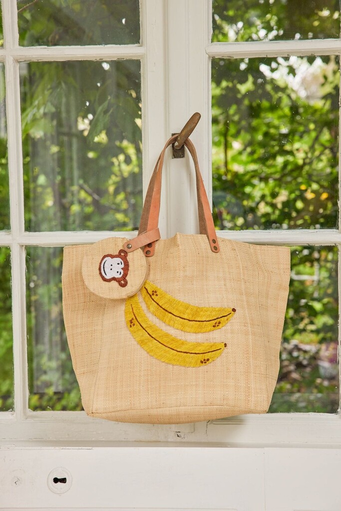 RICE Raffia Tasche Banane mit Ledergriffen Preview Image