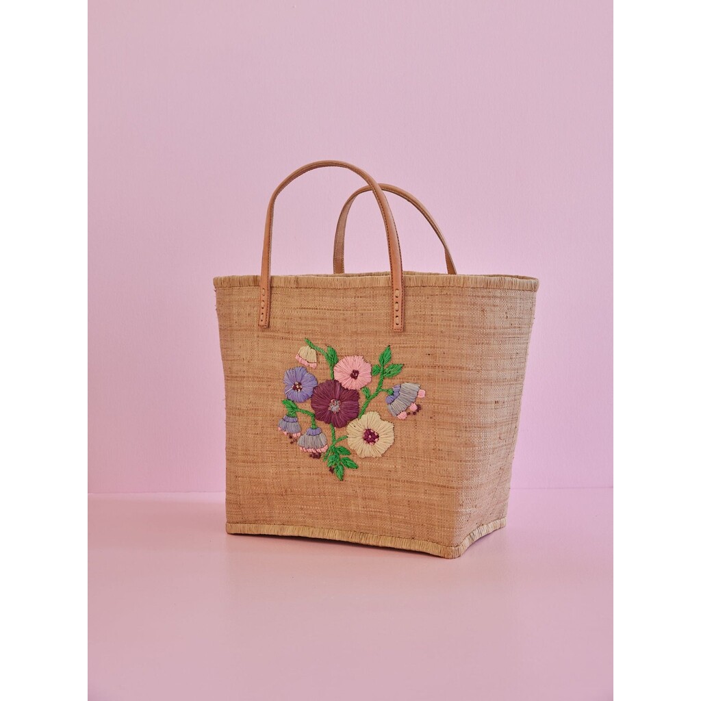 Raffia Tasche Blumenmuster mit Lederriemen