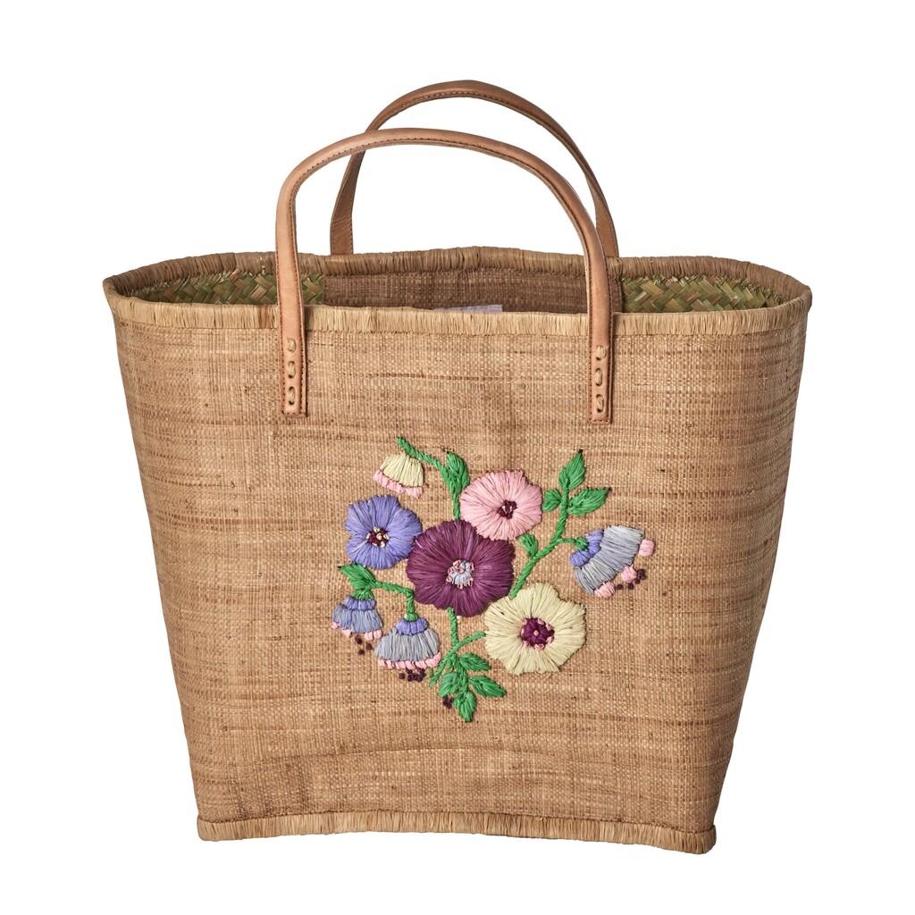 Raffia Tasche Blumenmuster mit Lederriemen