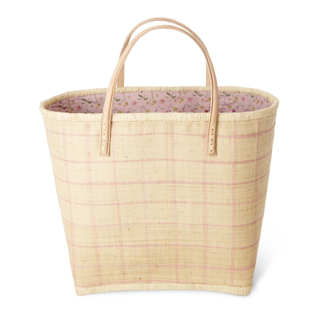 Raffia Tasche Kariert mit Ledergriffen