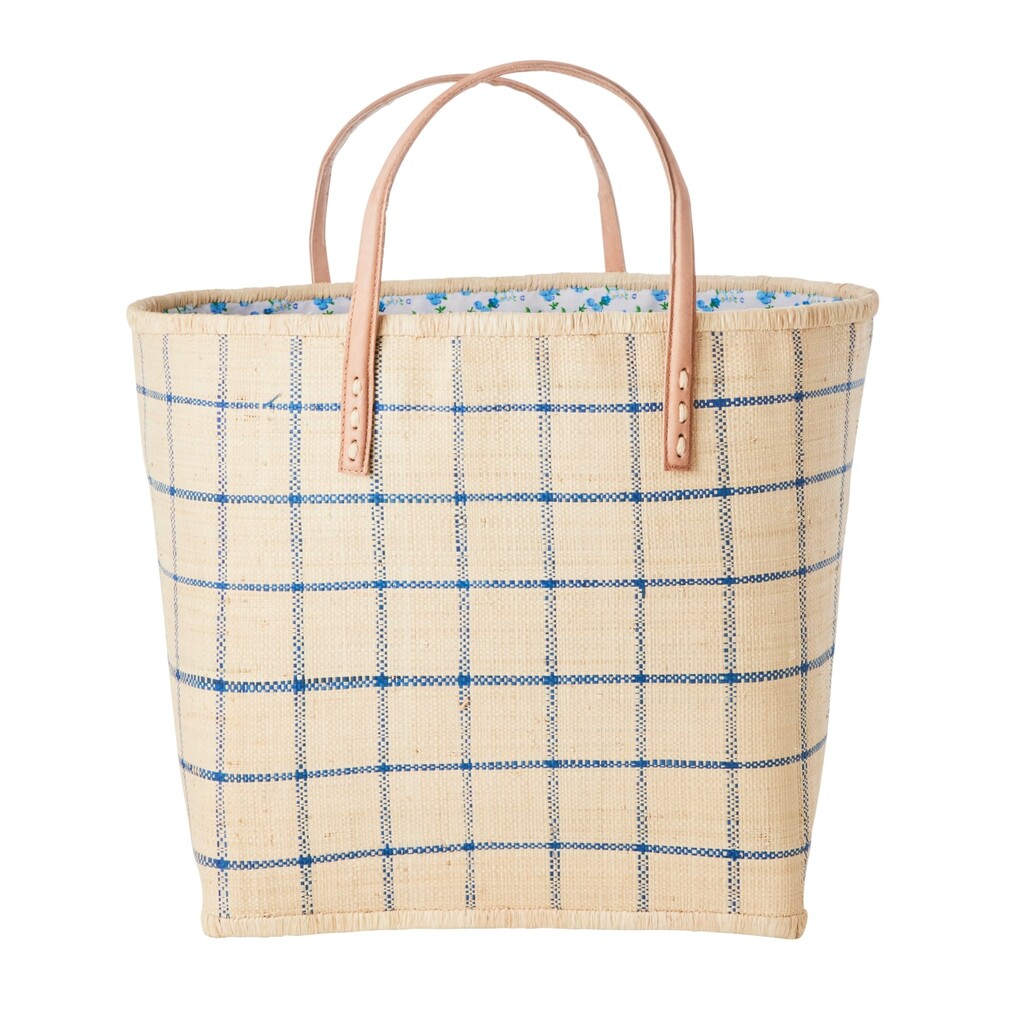 Raffia Tasche Kariert mit Ledergriffen