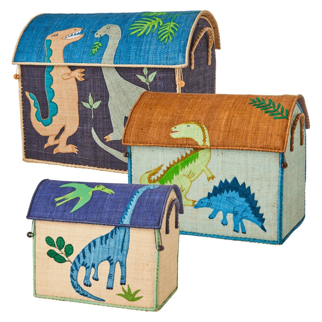Spielzeug Korb 3er-Set aus Bast mit Dinosauriern