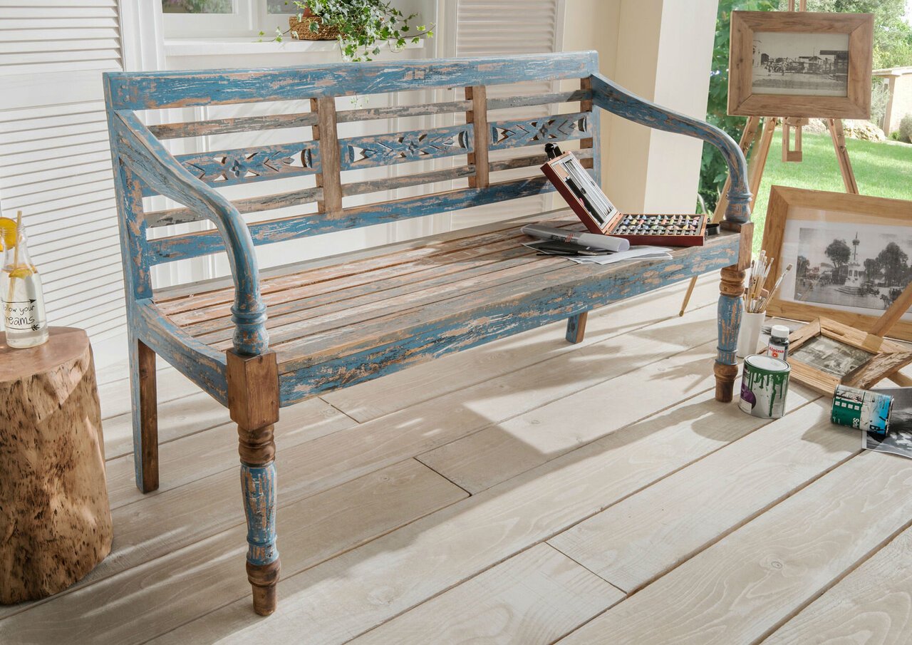 skandeko Massiv Mahagoni Holzbank Shabby blue
